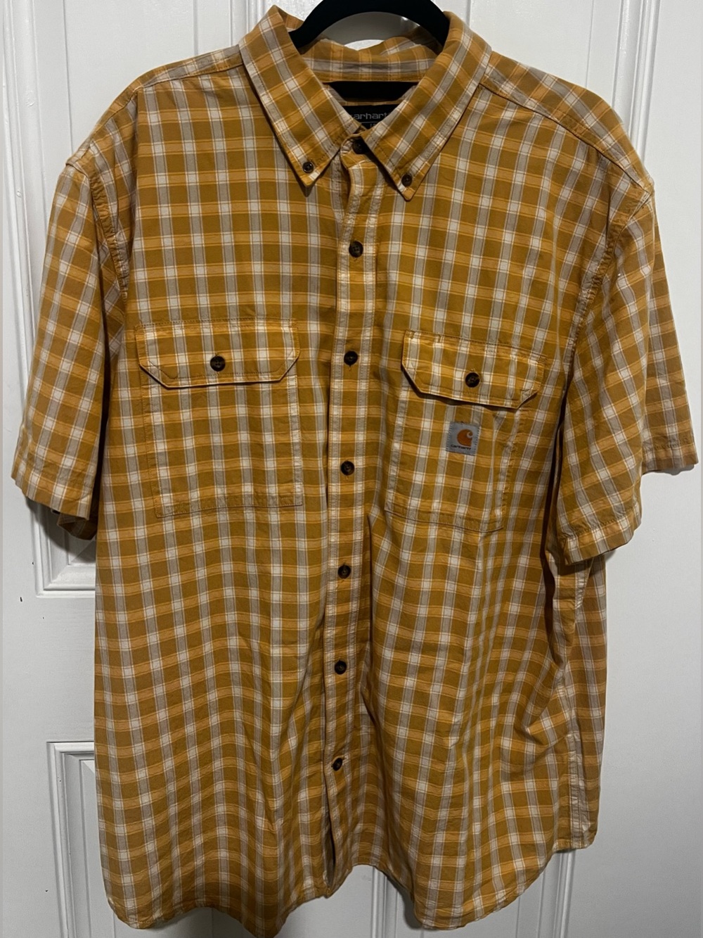 Carhartt Men’s Loose Fit Short Sleeve Yellow Plaid Button Up Shirt XL Workwear